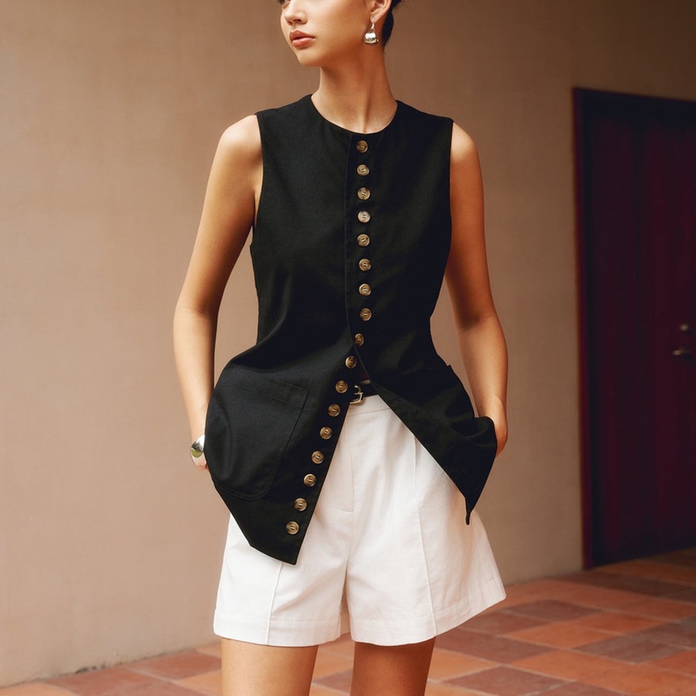Commense Cotton & Linen Button-Front Vest - small /black